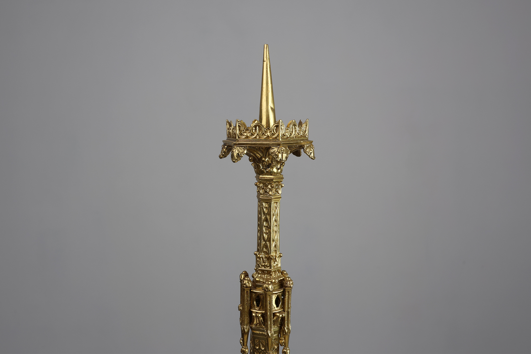 Neo‑Gothic Copper Church Candleholder Stamped &ldquo;LL A Paris&rdquo;, France ca. 1880thumbnail